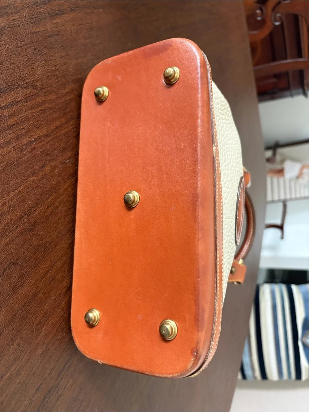 VINTAGE Dooney & Bourke Cream and Tan Pebbled Leather Dome Satchel